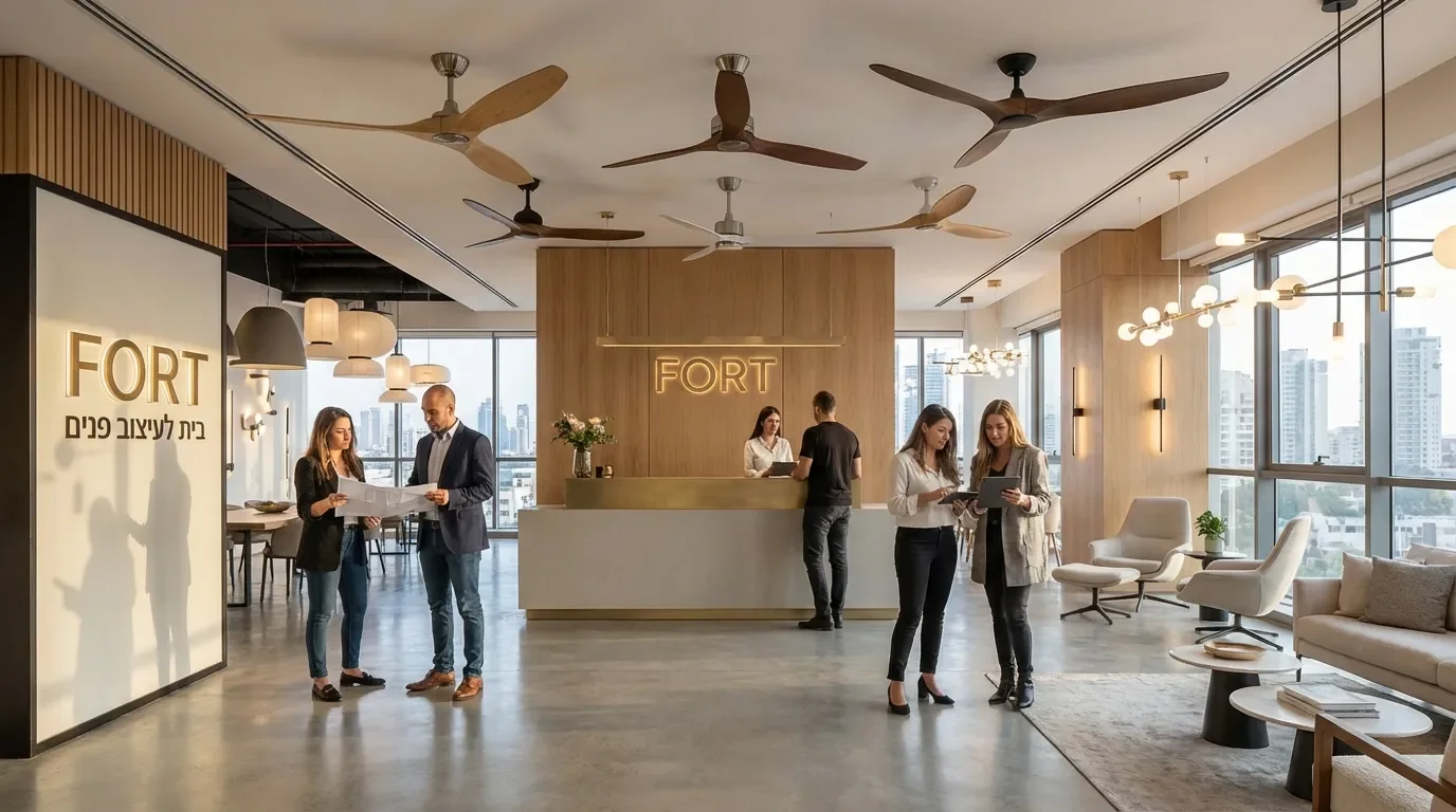 מאווררי תקרה יוקרתיים ופתרונות תאורה מעוצבים בחלל תצוגה מודרני