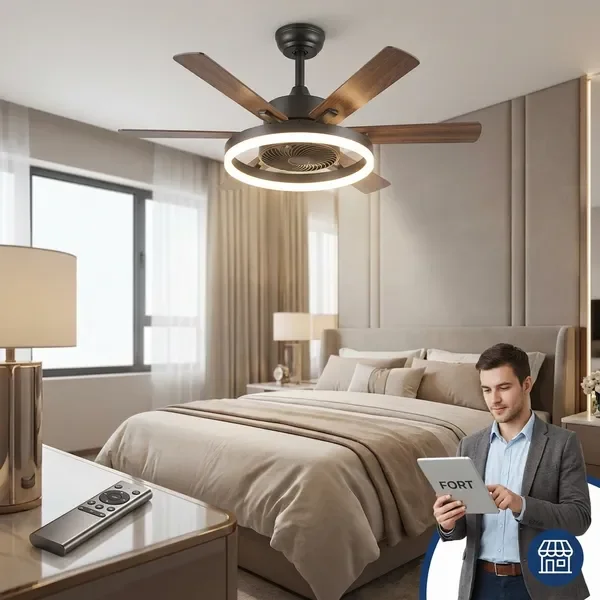 מאוורר תקרה מעוצב עם תאורת LED משולבת וחדר שינה יוקרתי