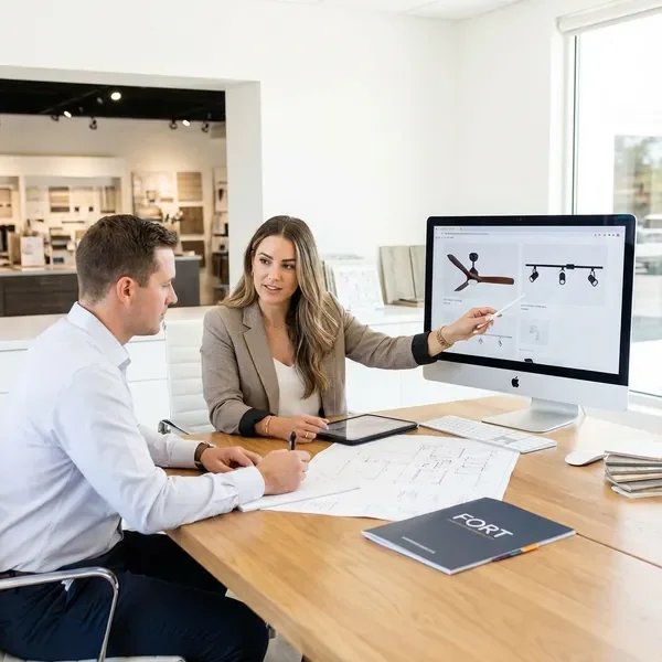 פגישת ייעוץ מקצועית עם מעצב פנים לתכנון מאווררי תקרה ותאורה